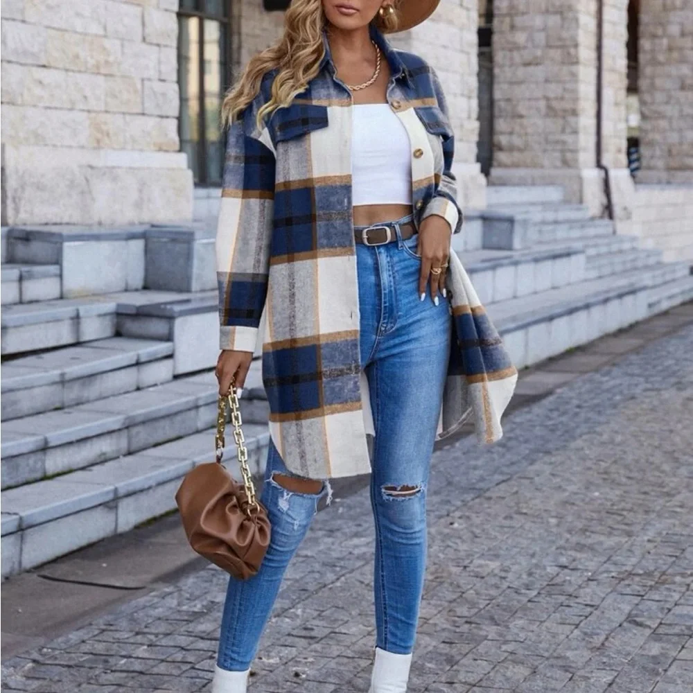 Classic Elegant Plaid Button Up Drop Shoulder  Shirt Top - Picture 6 of 6